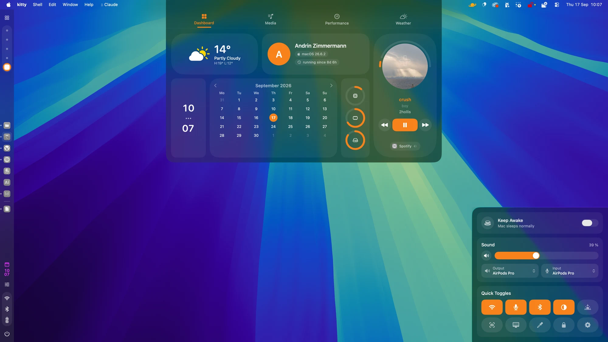 A Mac desktop running ApolloShell: the sidebar down the left edge, the dashboard with weather, calendar and now playing dropped from the top, and the utilities panel in the bottom right corner