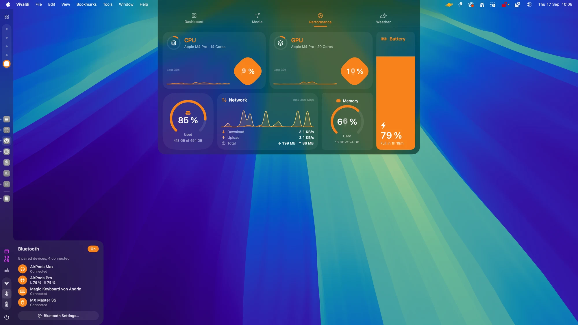 The ApolloShell dashboard on its Performance tab, showing CPU and GPU load, disk and memory use, a network graph and battery charge, with the Bluetooth panel open in the bottom left